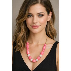 Hot Pink Bead & Rhinestone Ball Necklace 24" Gold Tone Chain Statement